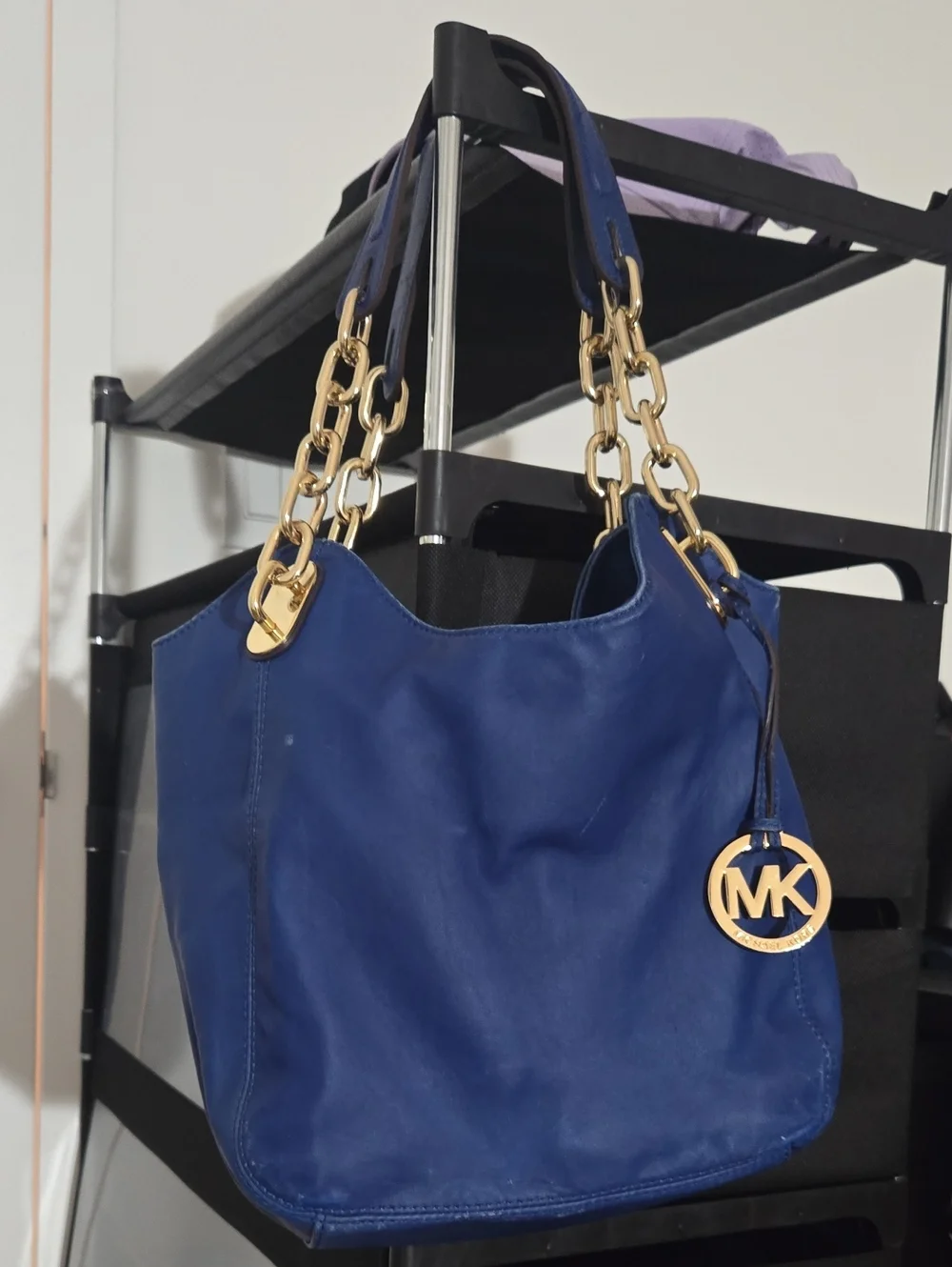 Michael Kors Bag Royal Blue Leather Shoulder Tote with Gold Chain Handles